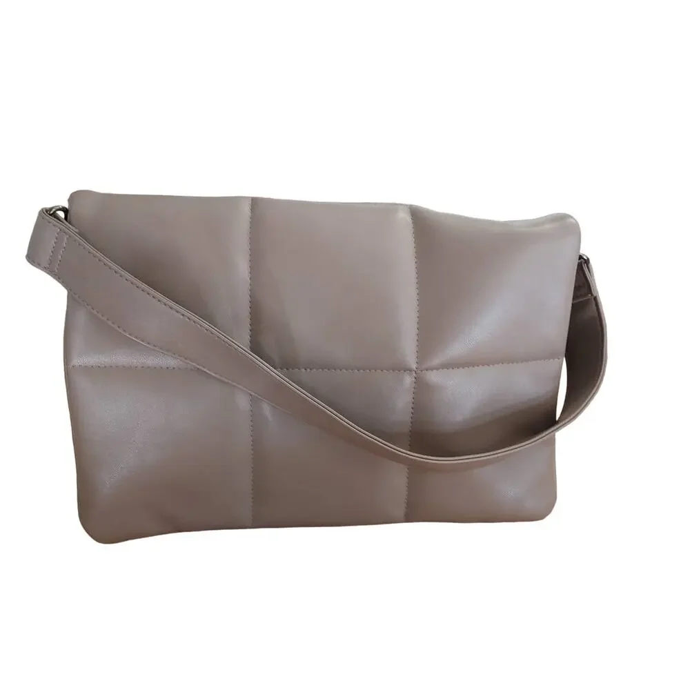 Sondra Roberts Squared Quilted Faux Vegan Taupe Leather Shoulder Clutch Purse